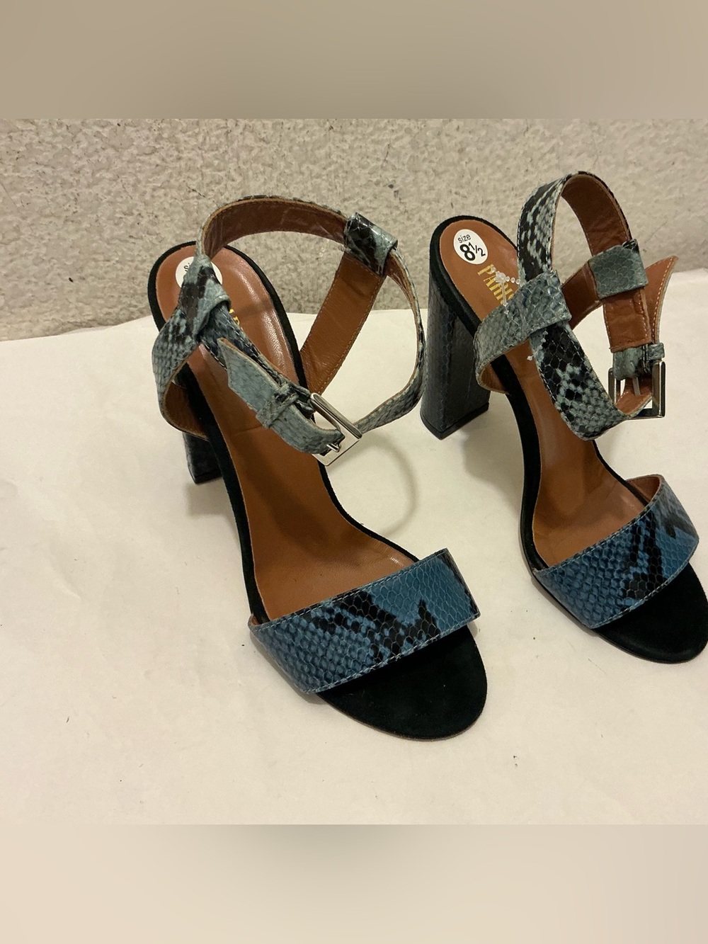 Paris Texas Blue Snake-Print Block Heel Sandals size 39